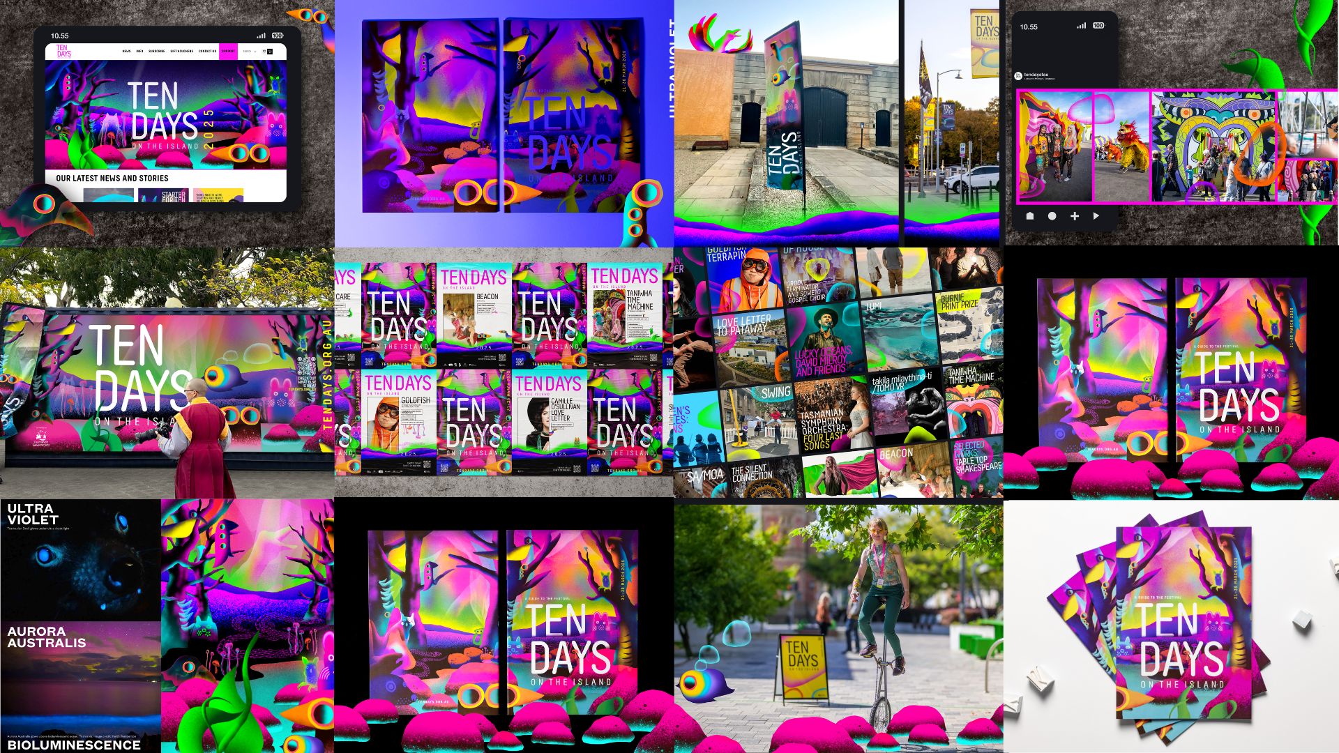 The award-winning 2025 visual identity for Ten Days on the Island by Futago and Aldous Kelly: a collage of the bioluminescent artwork applied across brochures, street banners, social media, signage, and the festival website. Every surface that would stay still long enough got the treatment.